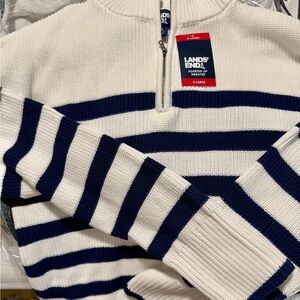 Lands' End Woman’s White and Blue Striped Sweater